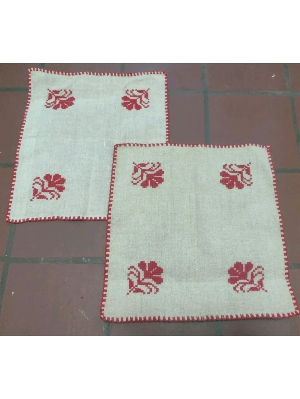 Vintage Folk Art Embroidered Linen Textile Lot Redwork Table Linens Pillow